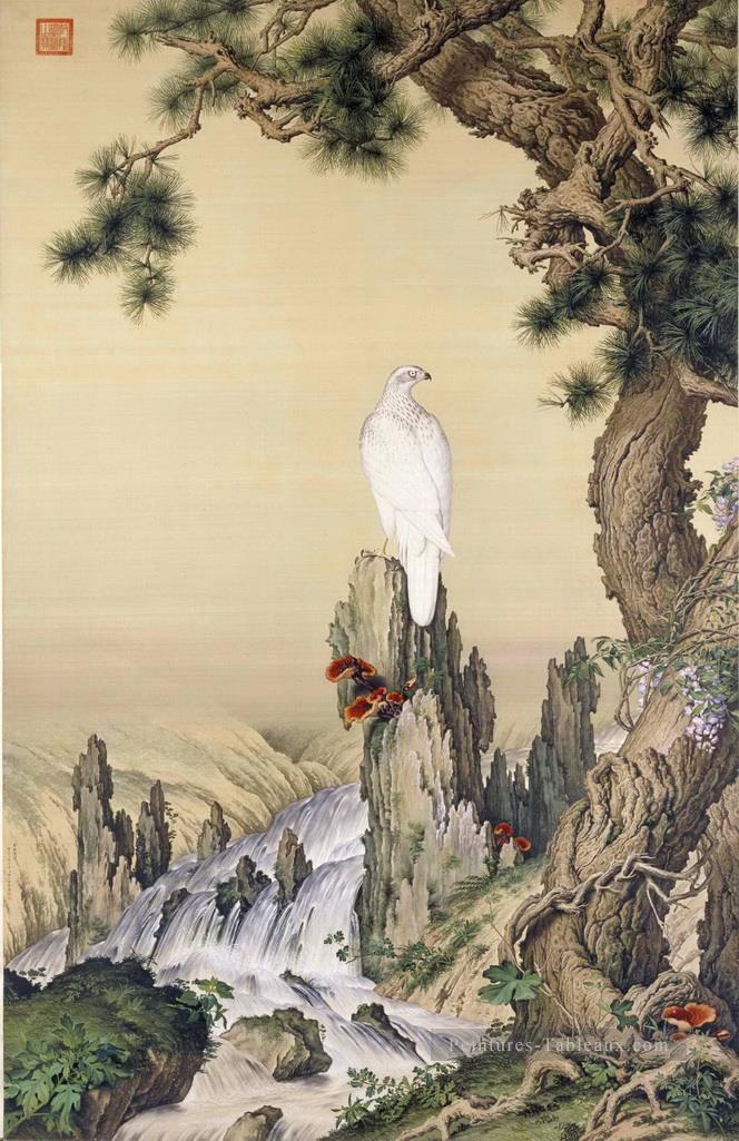Lang brillant oiseau blanc près de la cascade Peintures à l'huile